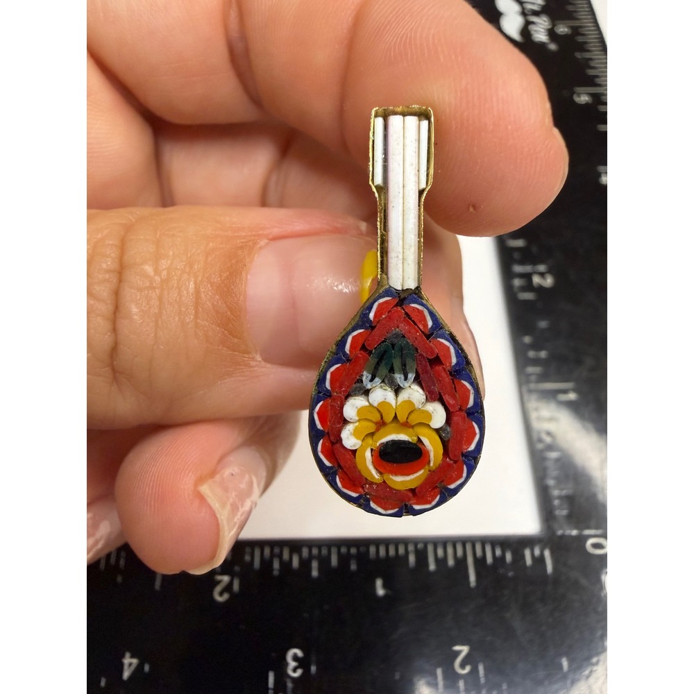 Vintage Micro Mosaic Mandolin Lute Brooch Pin Made in Italy Gold Tone Floral